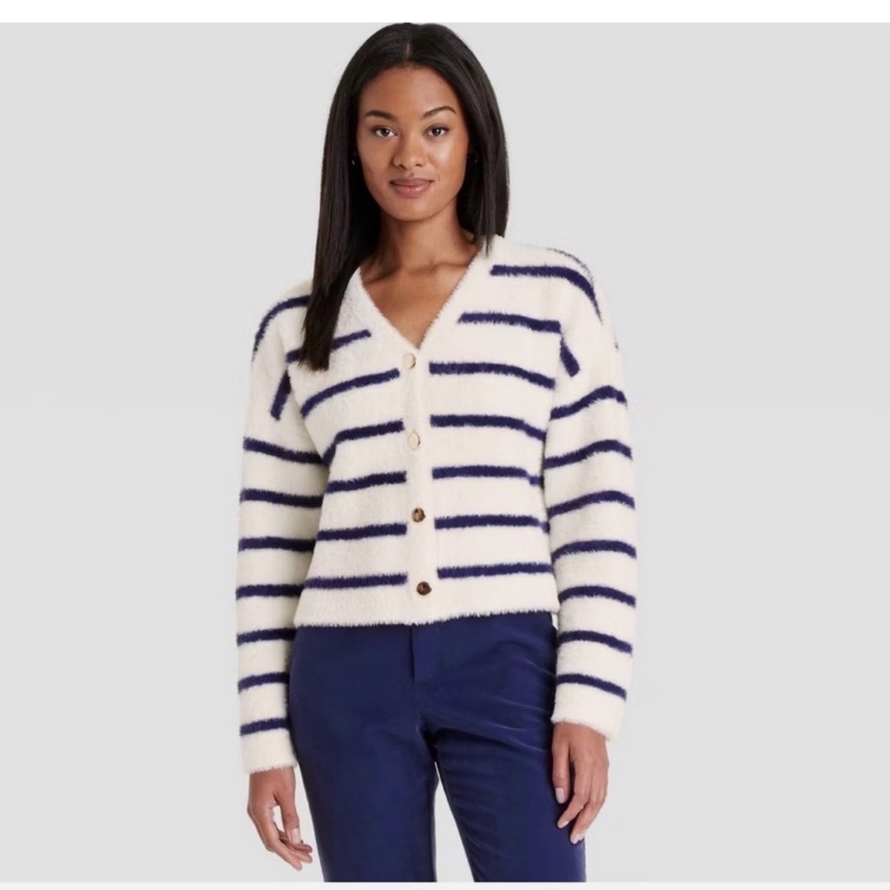 a new day Fuzzy Striped Cardigan - White and Navy